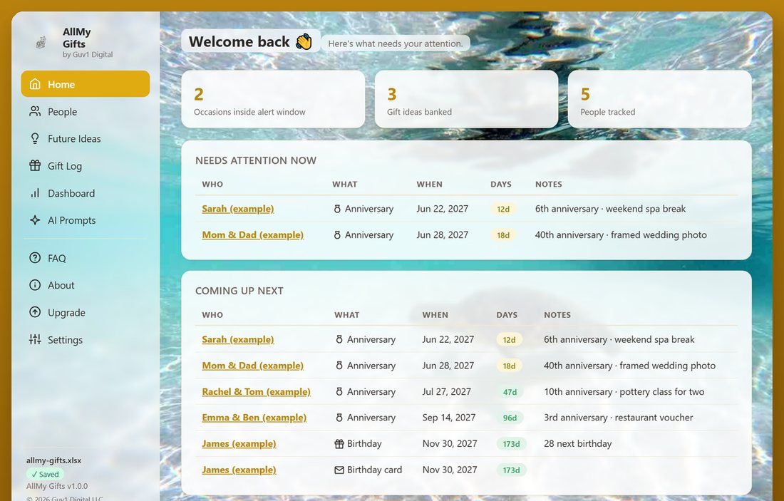 AllMy Gifts showing anniversaries with the number of years and days remaining.